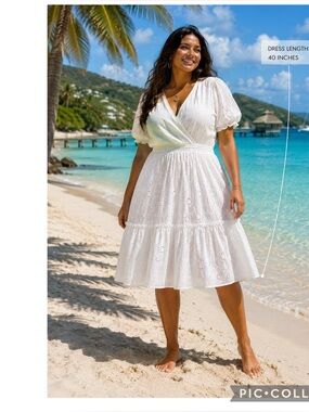 WAYF Reese Eyelet Embroidered Smocked Waist Tiered Midi Dress White 2X